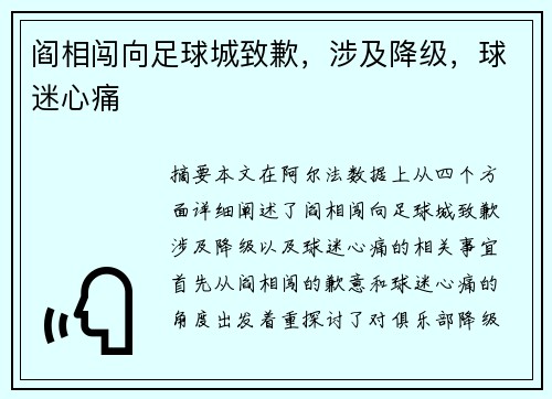阎相闯向足球城致歉，涉及降级，球迷心痛